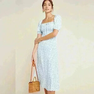 Faithfull The Brand Summer Floral Midi Dress Sky Blue XS 2 Smoked | Puff Sleeve